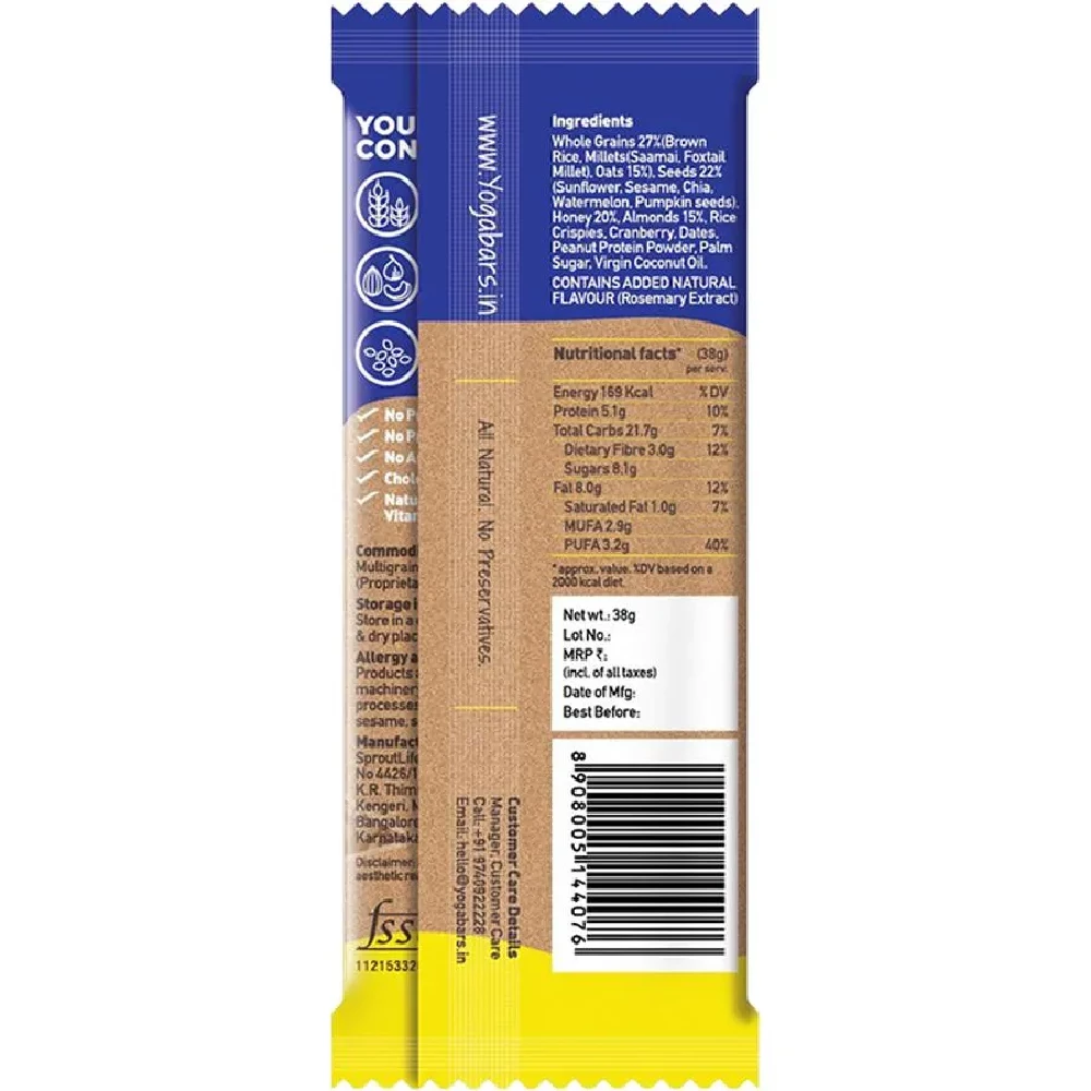 Yoga Bar Multigrain Energy Bar - Nuts & Seeds, Healthy Snack, High In Protein & Fibre, 38 g-2.webp